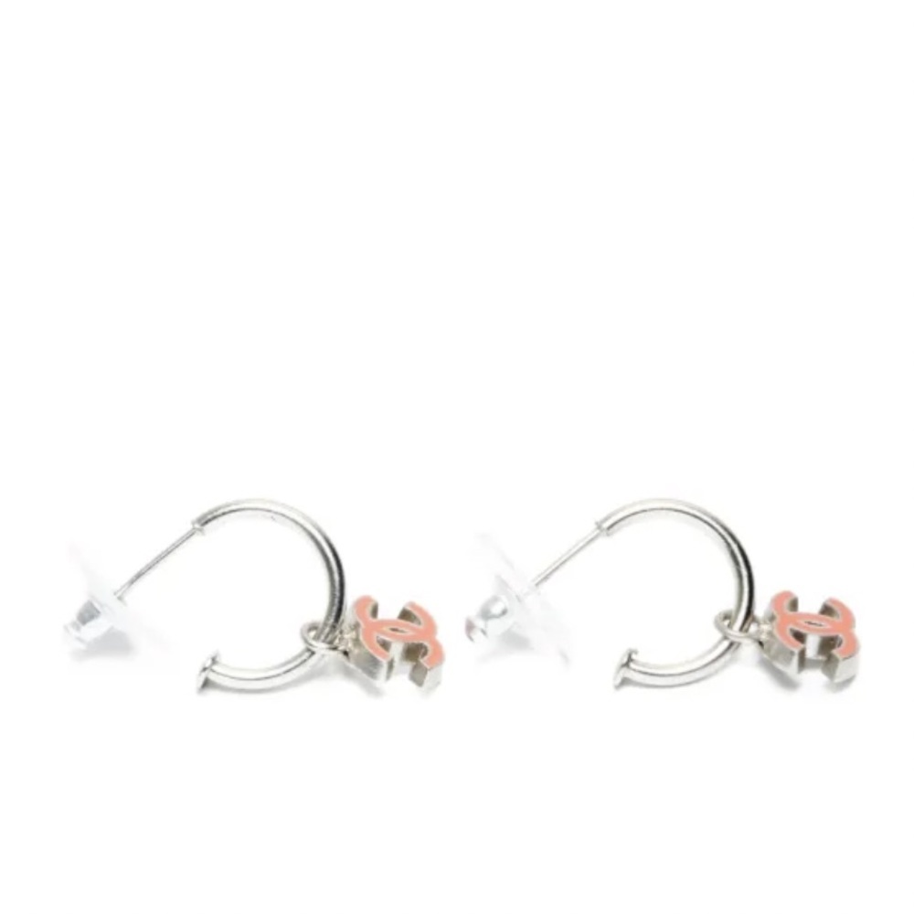 CHANEL Silver and Red CC Hoop Pierced Earrings - Picture 4 of 8